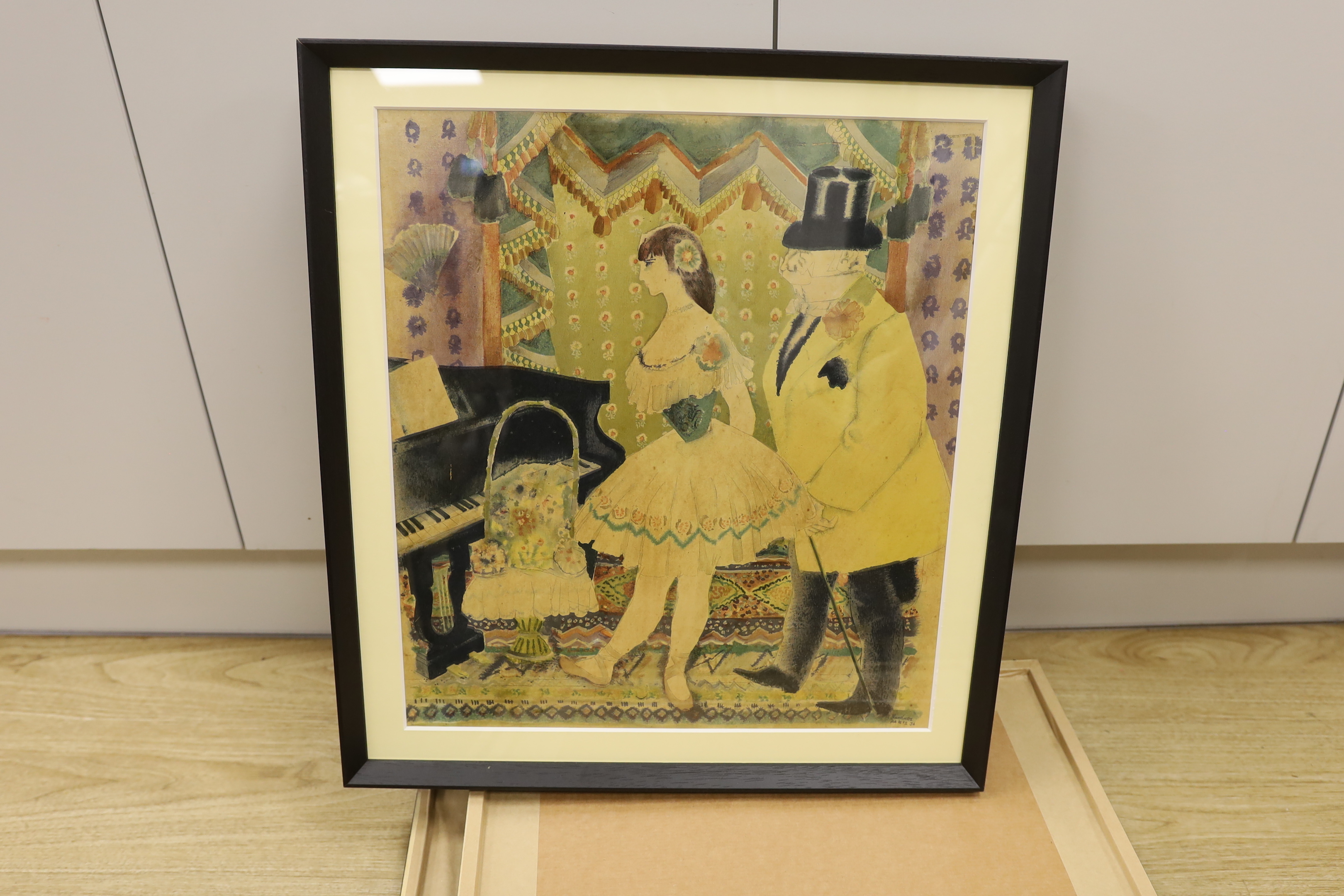 After Richard Lindner (German/American, 1901-1978), set of four vintage colour lithographs, Figures wearing Edwardian dress, each 50 x 42cm